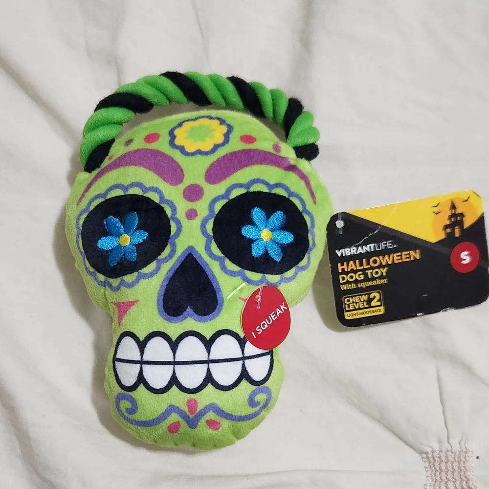 NWT Sugar Skull Halloween Squeaky Dog Toy Rope Plush